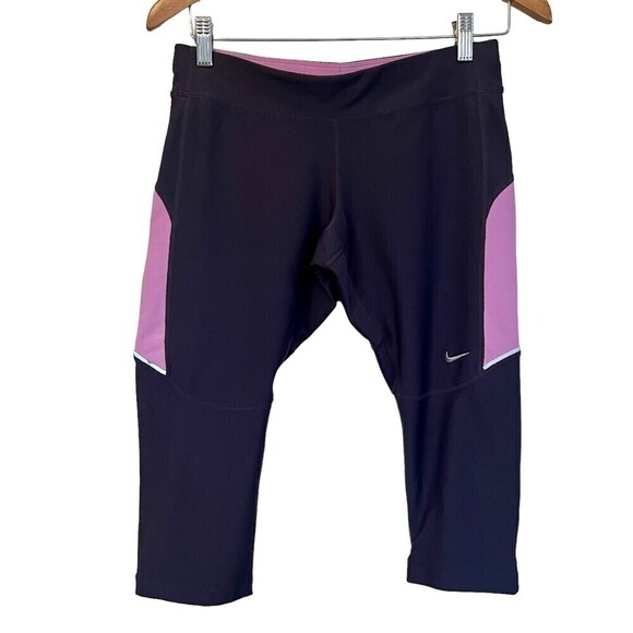 Nike RUNNING‎ DRI-FIT CROPPED LEGGINGS GRAY & PURPLE SIZE MEDIUM NWOT - Picture 1 of 8